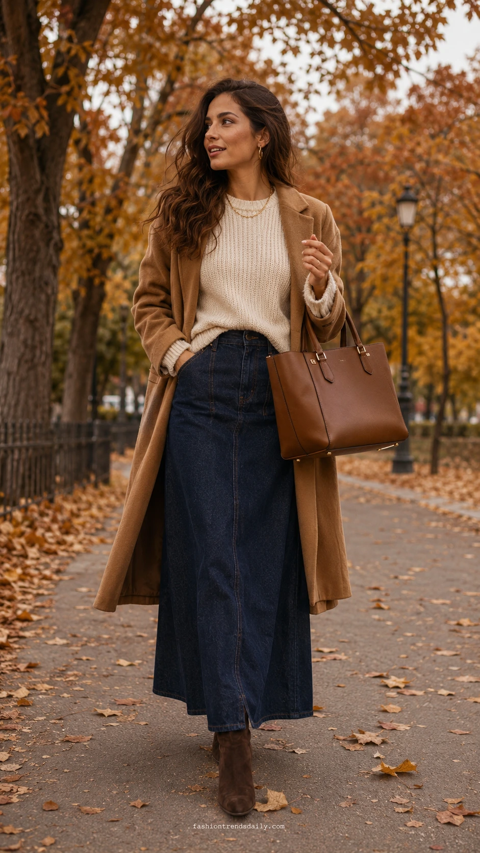 Woman in a dark-wash denim maxi skirt and chunky knit sweater walking an autumn park path, showing how to layer a long jeans skirt for fall