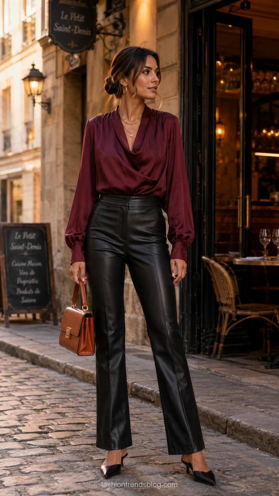 Woman wearing sleek faux leather trousers and a dressy top outside a warmly lit bistro, a chic birthday restaurant outfit idea