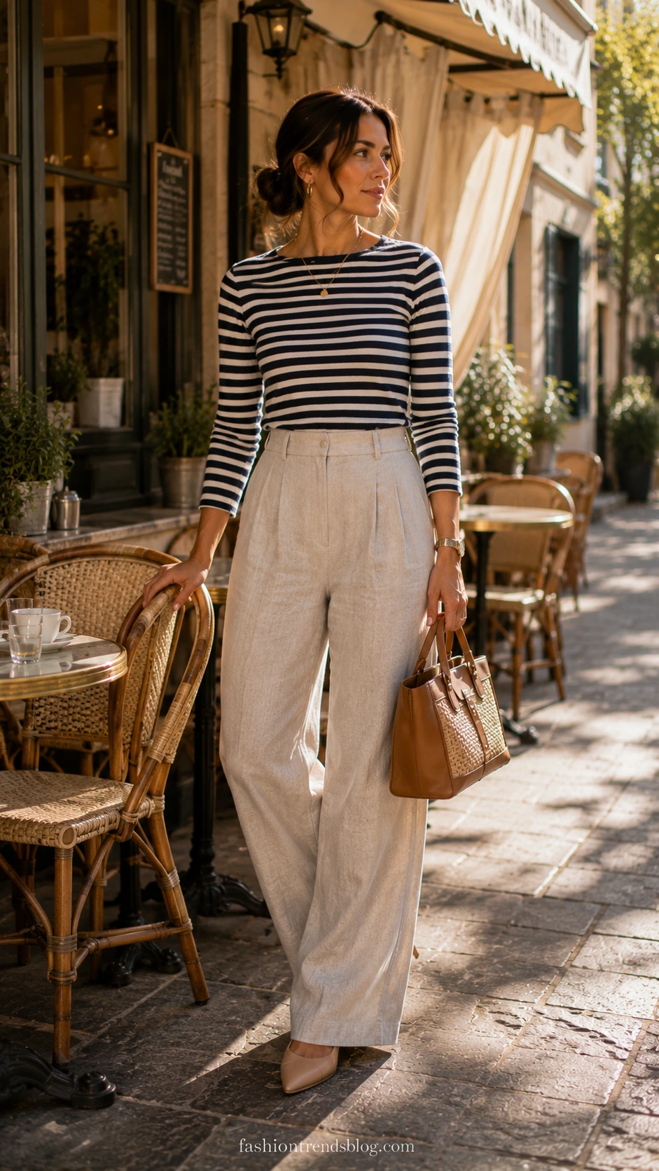 Teacher wearing wide-leg linen pants and a striped boatneck top in a sunlit café setting, a polished yet relaxed Casual Friday outfit