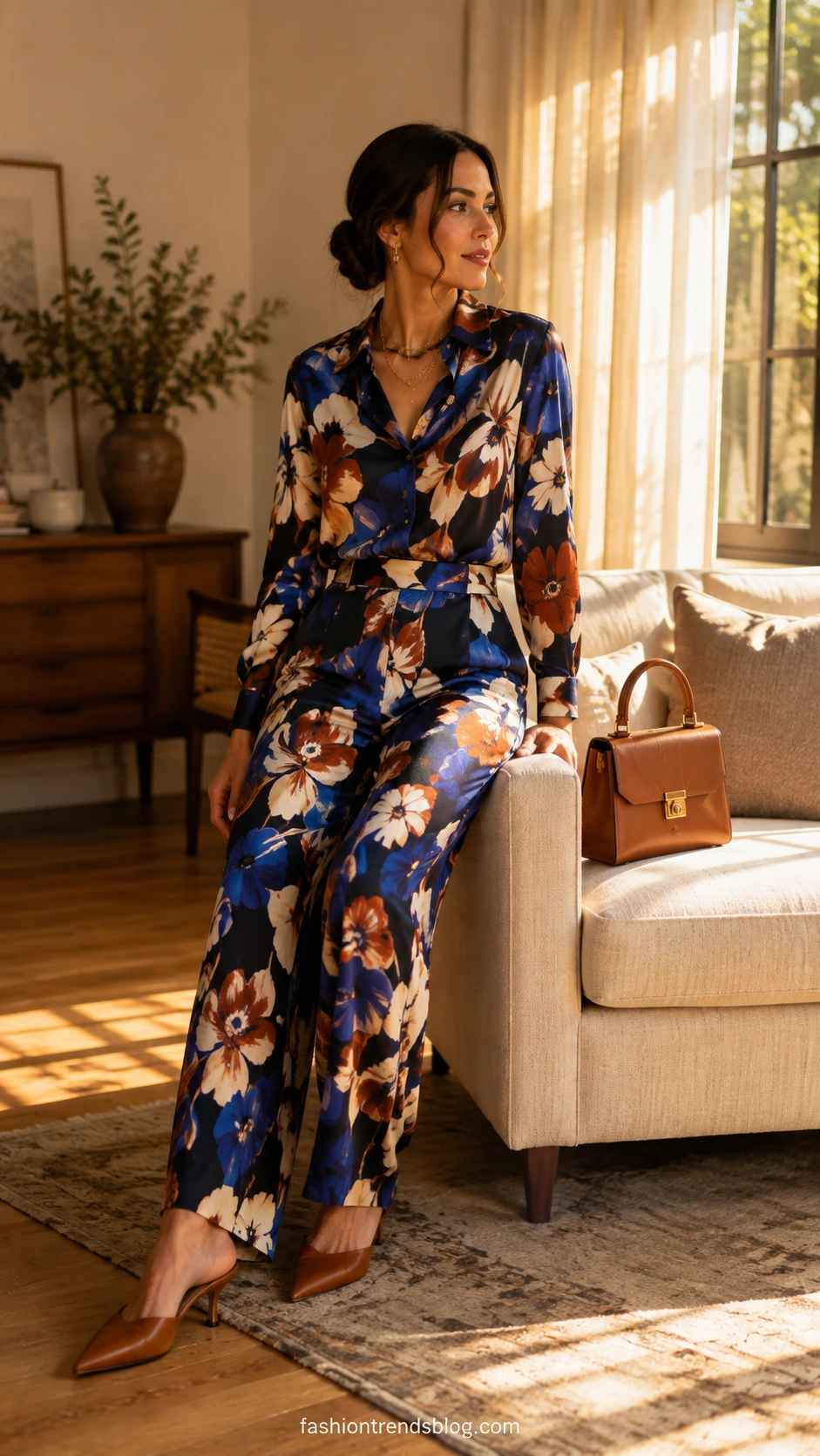 Woman in bold abstract floral co-ord set with wide-leg trousers and button-front top, a head-turning birthday restaurant outfit that commands attention