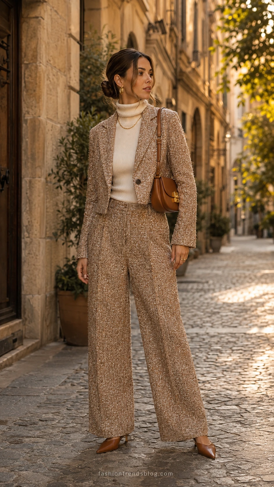 Woman in a bouclé co-ord set with cropped blazer and wide-leg trousers on a cobblestone street at golden hour — a polished birthday dinner outfit