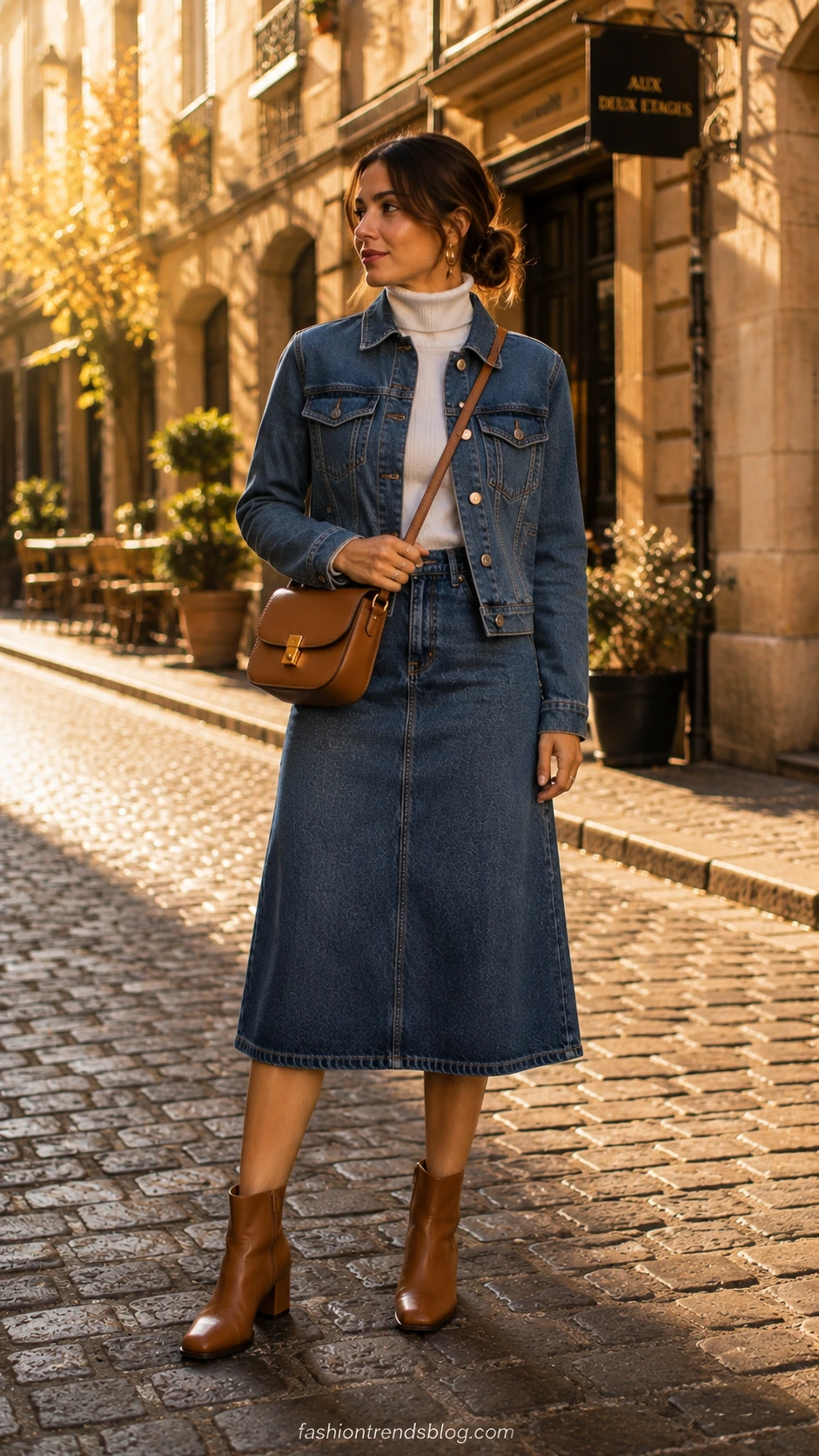 Woman in matching medium-wash denim midi skirt and jacket set on sunlit European cobblestone street, showing how to style a coordinated denim outfit