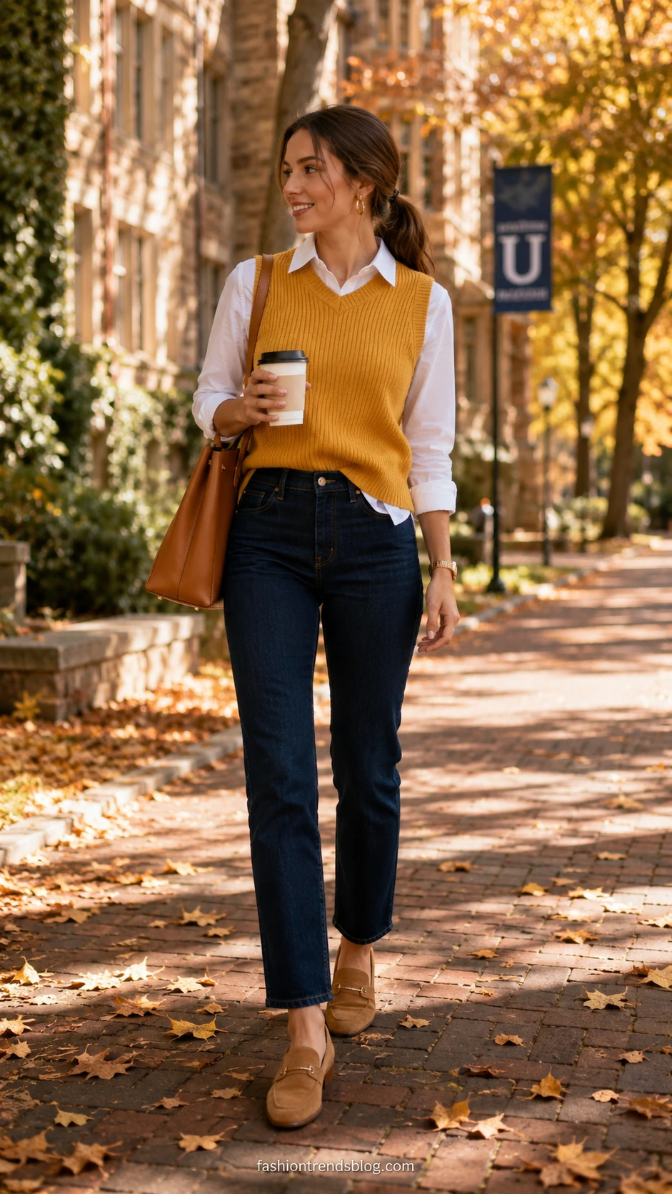 Teacher wearing mid-rise jeans, sweater vest, and collared shirt walks a leaf-covered campus path carrying a camel tote — a polished layered outfit idea