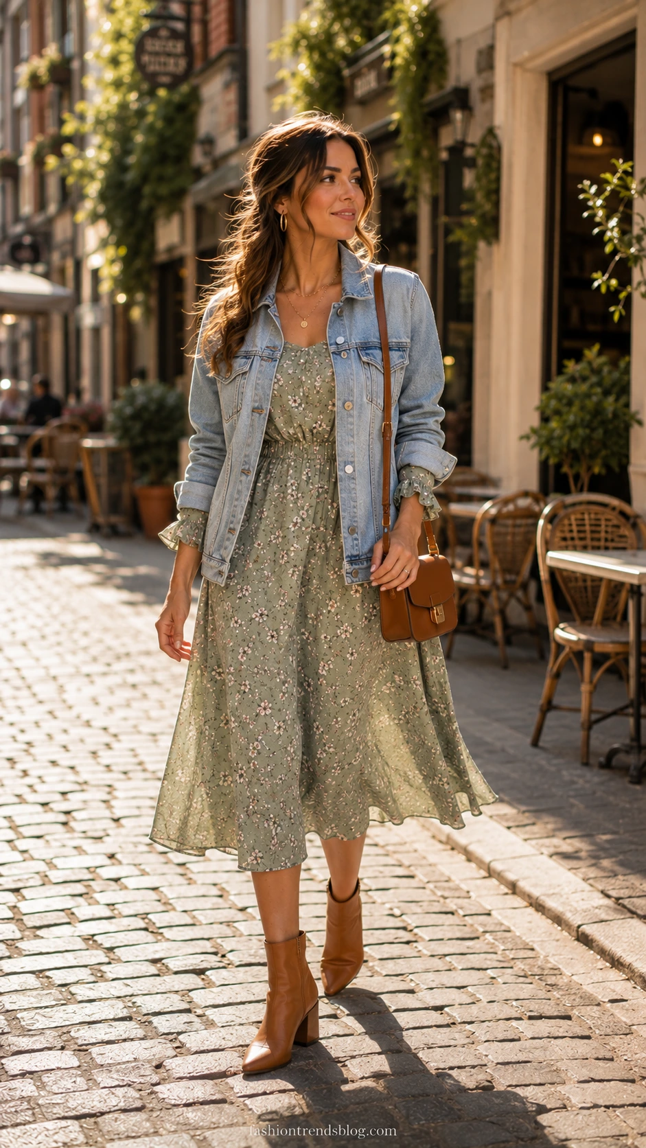 Teacher in sage green floral midi dress and denim jacket walking a sunlit cobblestone street — a polished yet relaxed Casual Friday outfit idea
