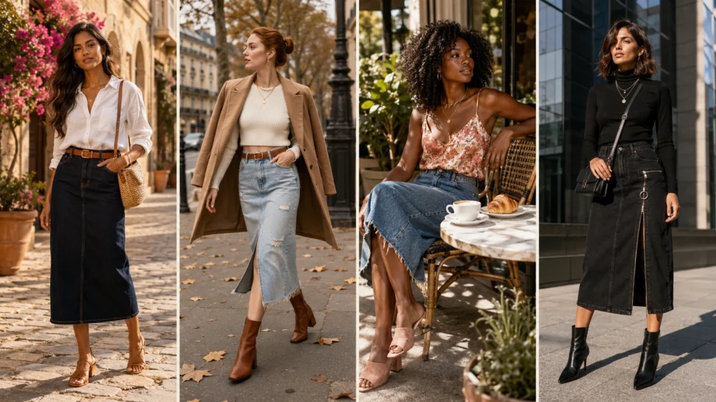 Midi Jeans Skirt Outfits