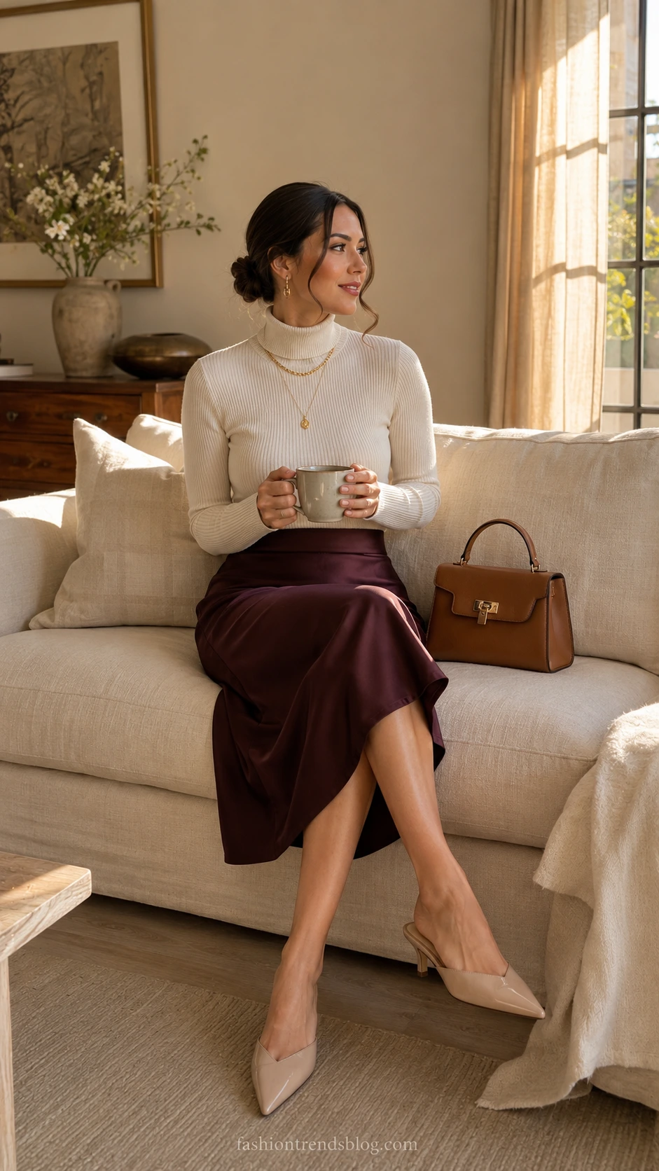 Woman in deep burgundy satin midi skirt and ivory ribbed turtleneck seated on cream linen sofa — a classy birthday outfit with timeless elegance