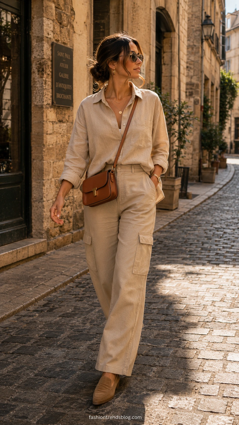 Woman in wide-leg sand-beige linen cargo pants and matching neutral top walking cobblestone street in golden afternoon light — monochrome cargo pants summer outfit
