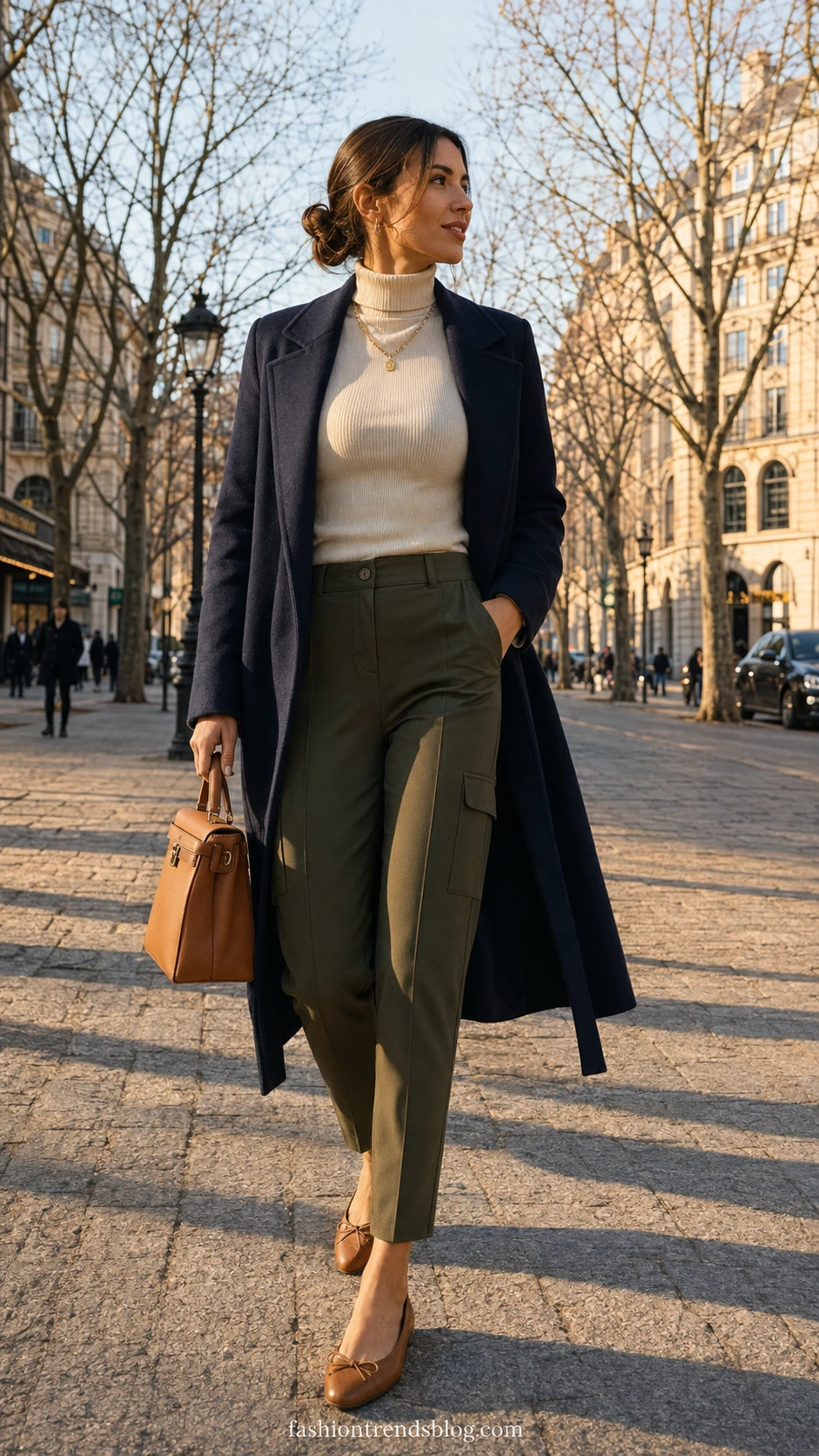 Woman in deep olive tailored cargo trousers paired with a navy coat and leather ballerina flats on a cobblestone European boulevard in golden winter light