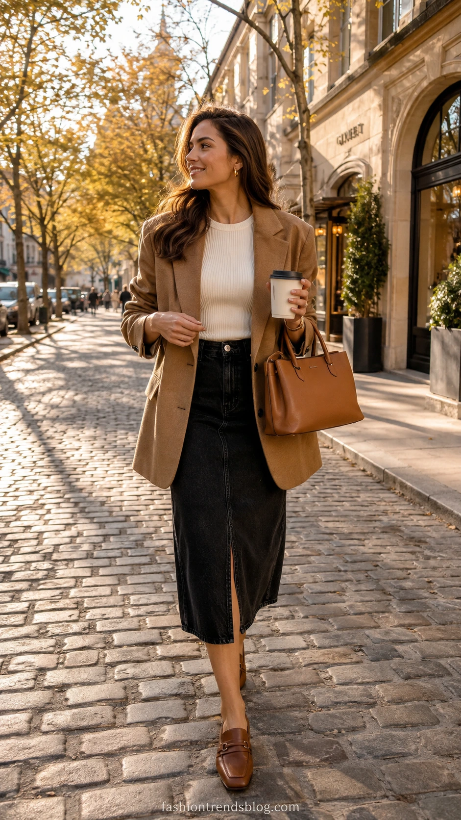 Woman in black denim midi skirt and oversized blazer walks cobblestone street in golden autumn light with classic loafers