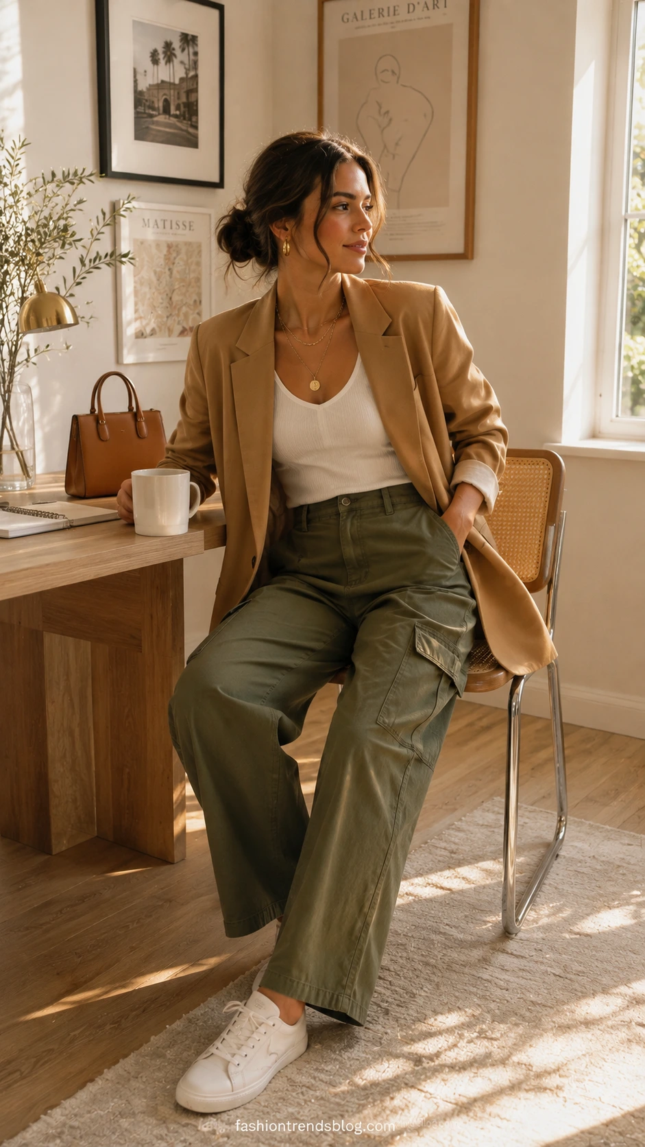 Woman in camel tan oversized linen blazer and cargo pants sitting at a light wood desk in a bright home office with warm afternoon light