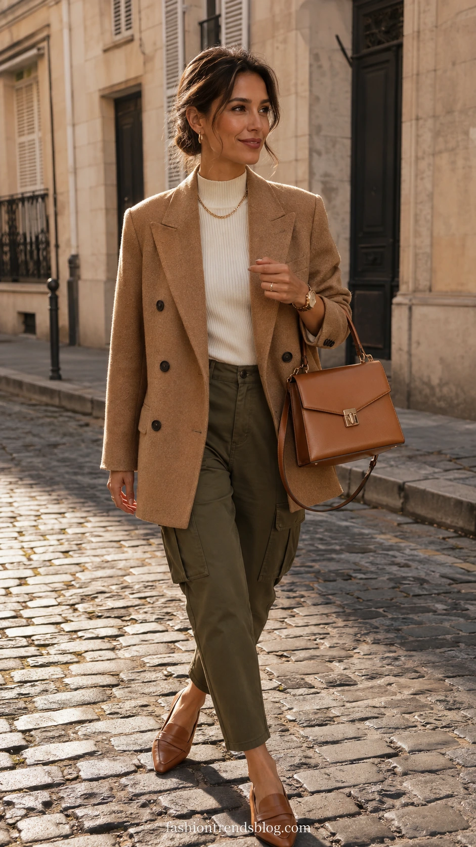 Woman in oversized camel blazer and tapered cargo pants walking cobblestone street, showing how to balance relaxed tailoring with utilitarian street style