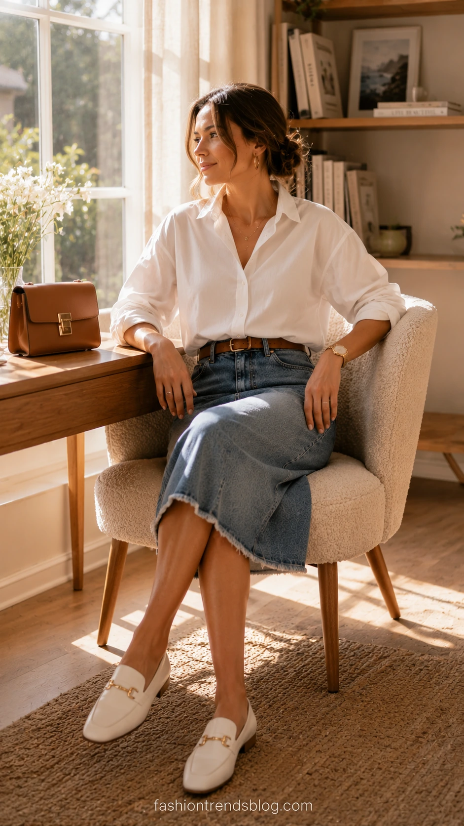 Woman in oversized white button-down shirt loosely tucked into a denim skirt, seated in a sun-drenched reading nook — an effortless jeans skirt outfit for summer
