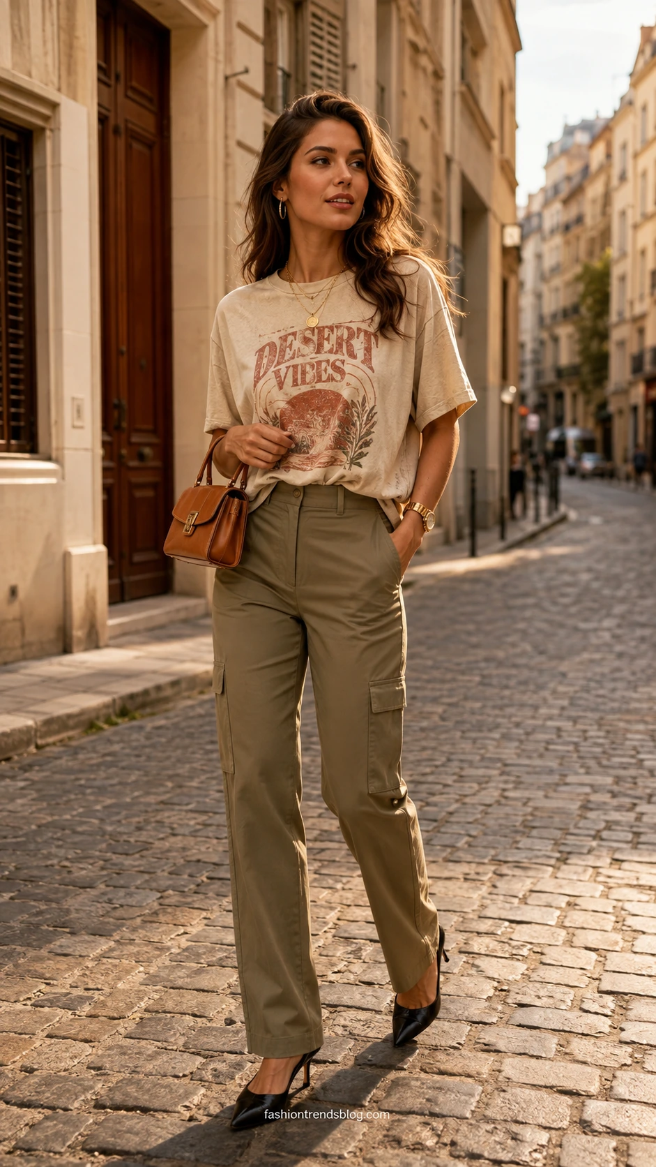 Woman in oversized graphic tee tucked into high-waisted khaki cargo pants, paired with pointed heels on a cobblestone street