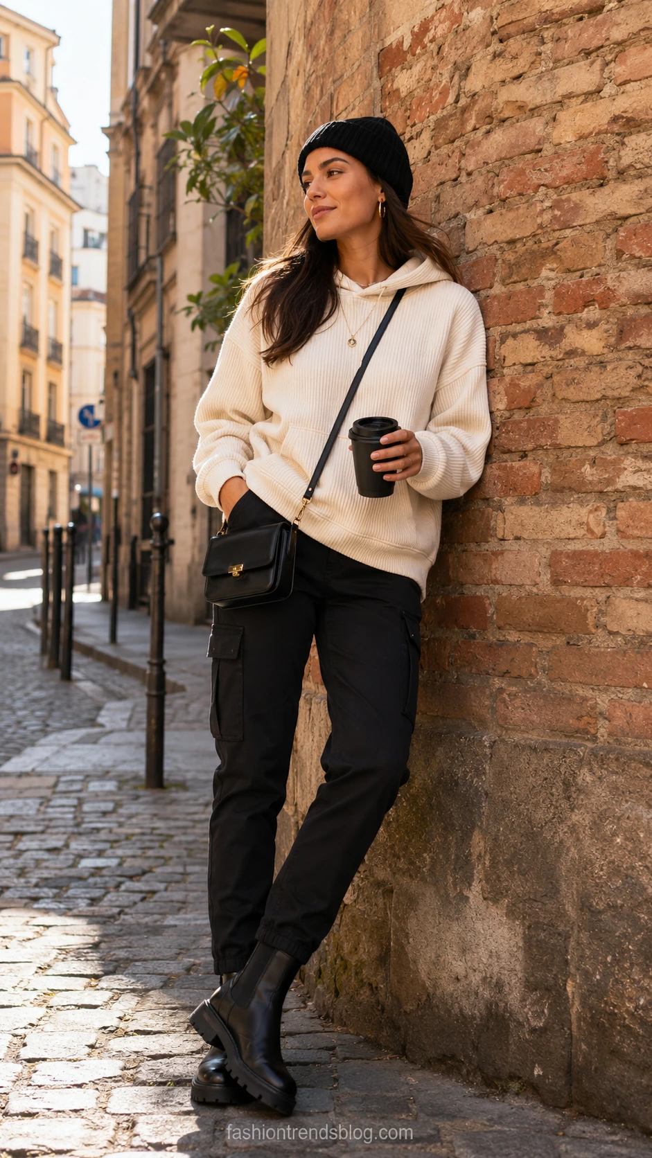 Woman in oversized hoodie and black cargo pants leaning against brick wall, holding coffee cup in golden morning light