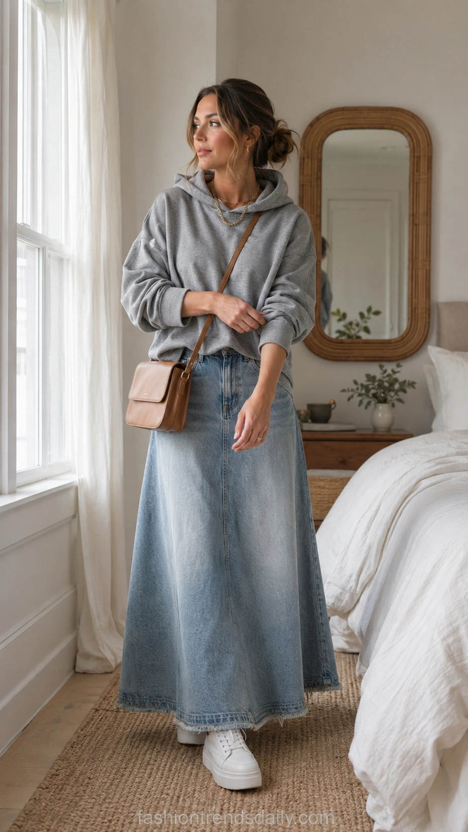 Woman in oversized hoodie and faded light blue denim maxi skirt adjusting her sleeve by a sunlit bedroom window, showing an effortless casual outfit