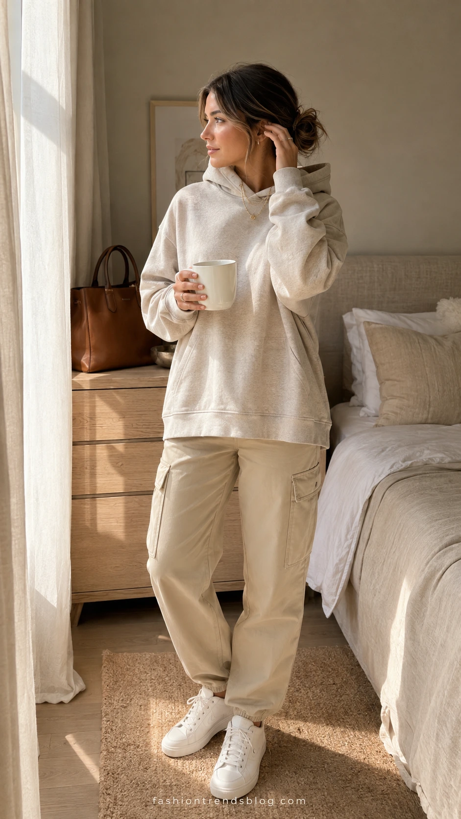Woman in beige cargo pants and oversized neutral hoodie styled with low-top sneakers, holding a ceramic mug in a sunlit bedroom