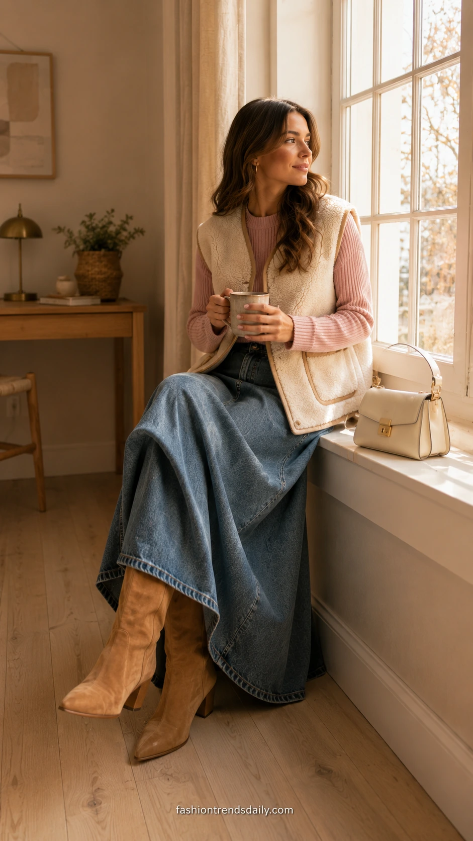 Woman in blush pink ribbed knit top, relaxed denim maxi skirt, and shearling vest sitting on a sunlit windowsill in a cozy Scandinavian interior