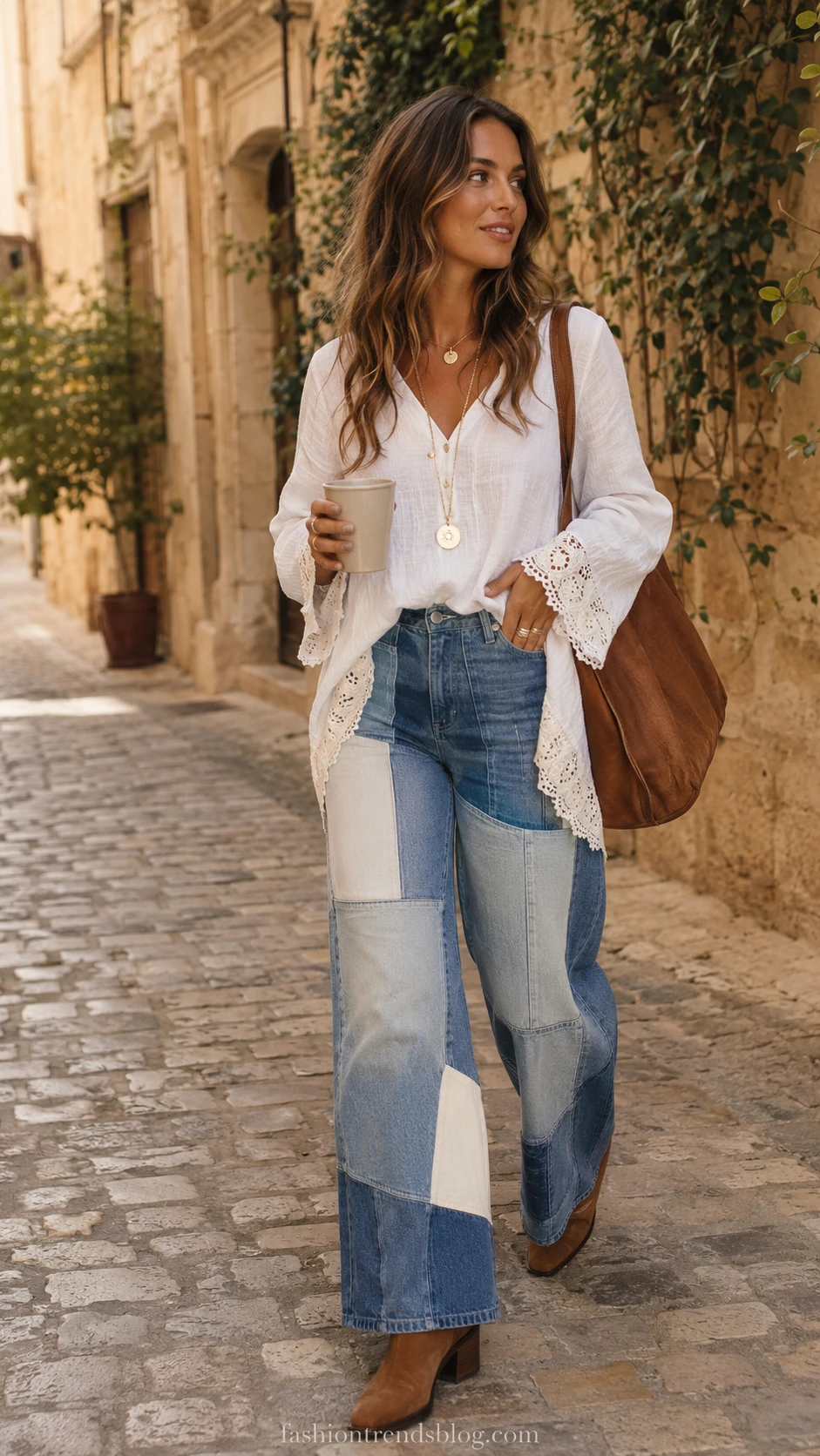 Woman in patchwork denim and white tunic walking cobblestone street, ceramic coffee cup and tan leather tote completing the boho look