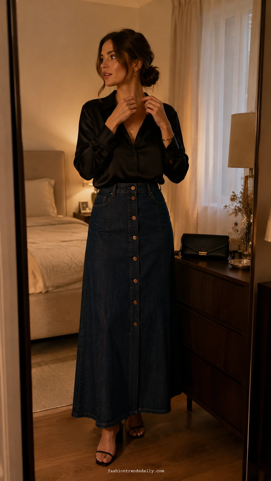 Woman adjusting gold necklace in mirror wearing a floor-length button-front denim skirt styled for an elevated evening look