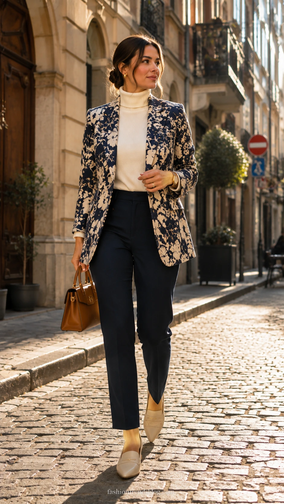 Teacher wearing a bold printed blazer paired with solid neutral separates, walking confidently on a sunlit cobblestone street — a polished classroom-ready look