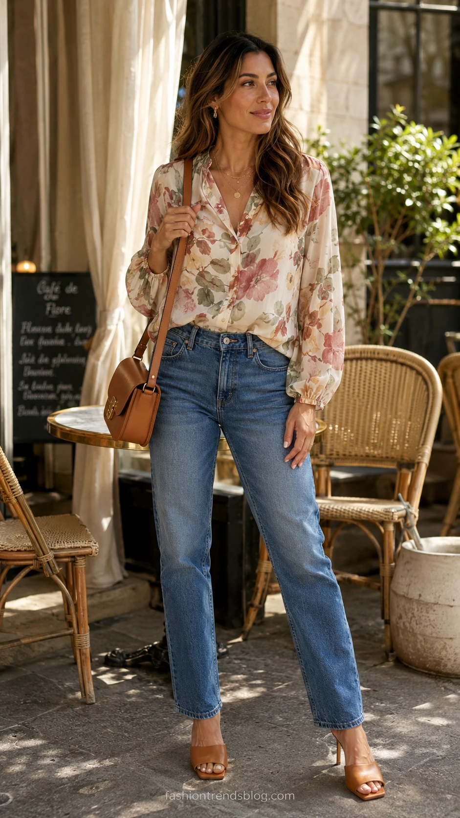 Woman in a watercolor floral printed blouse paired with relaxed mid-wash jeans, styled for a casual birthday outfit at a sunlit café terrace
