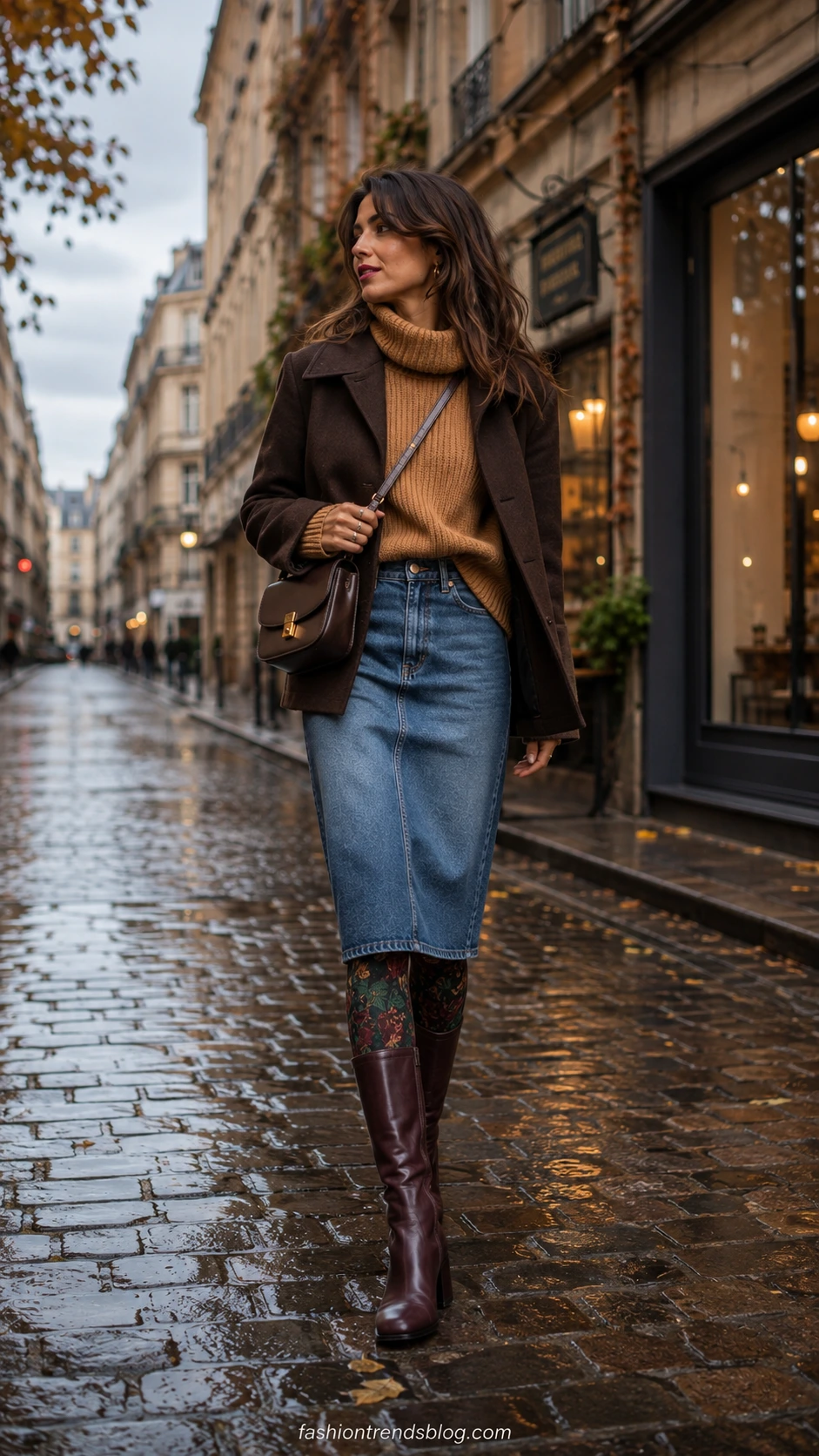 Woman in midi jeans skirt with printed tights and statement boots on wet cobblestone European street, a bold autumn layering look