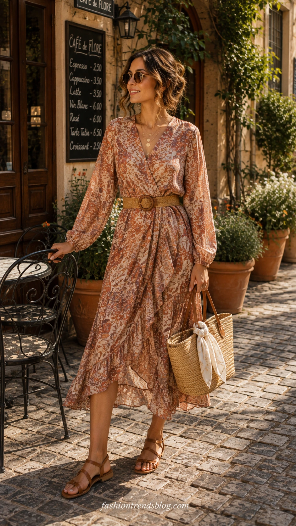 Woman wearing a flowing botanical print wrap dress in terracotta and dusty mauve, styled with woven accessories for a boho brunch look