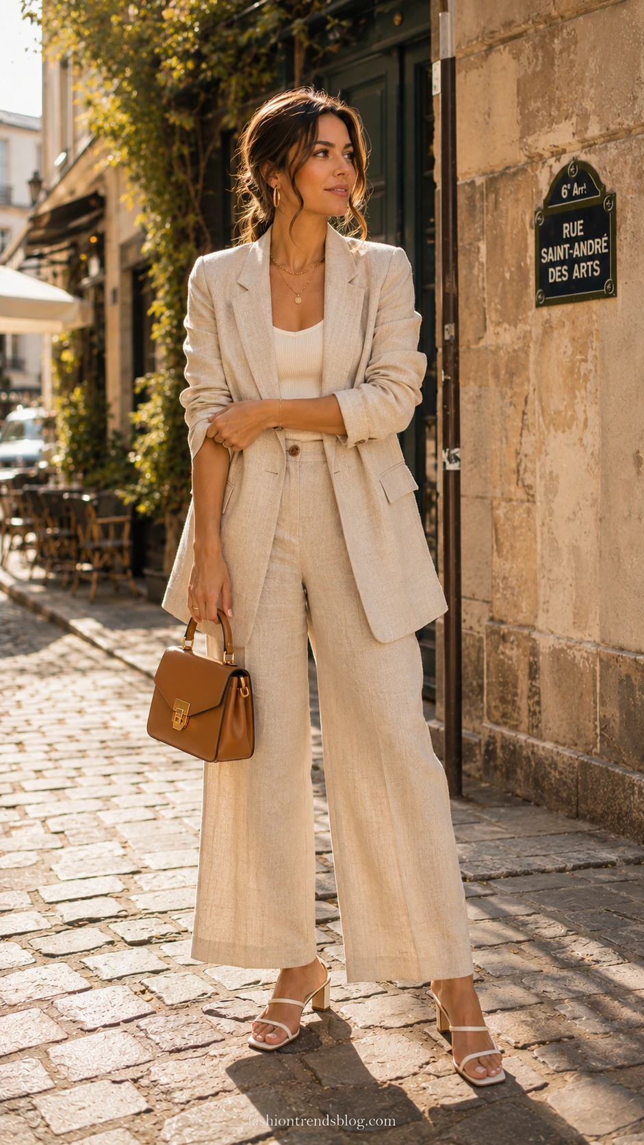 Woman wearing a relaxed oat linen blazer and matching wide-leg trousers on a sunlit cobblestone street, a polished teacher blazer outfit for warm days