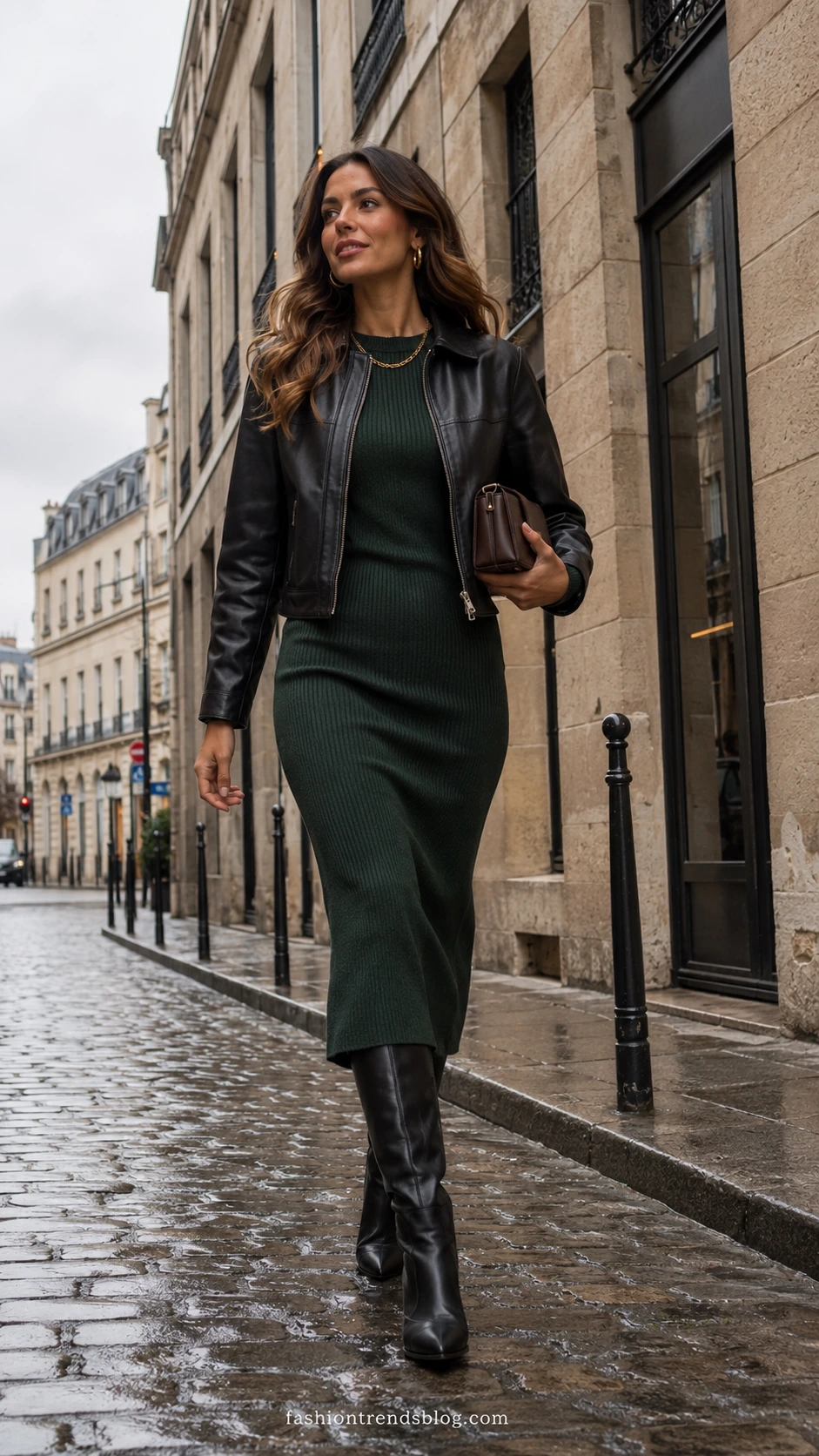 Woman in ribbed midi dress and leather jacket walking confidently on wet cobblestone street — a polished casual winter birthday outfit