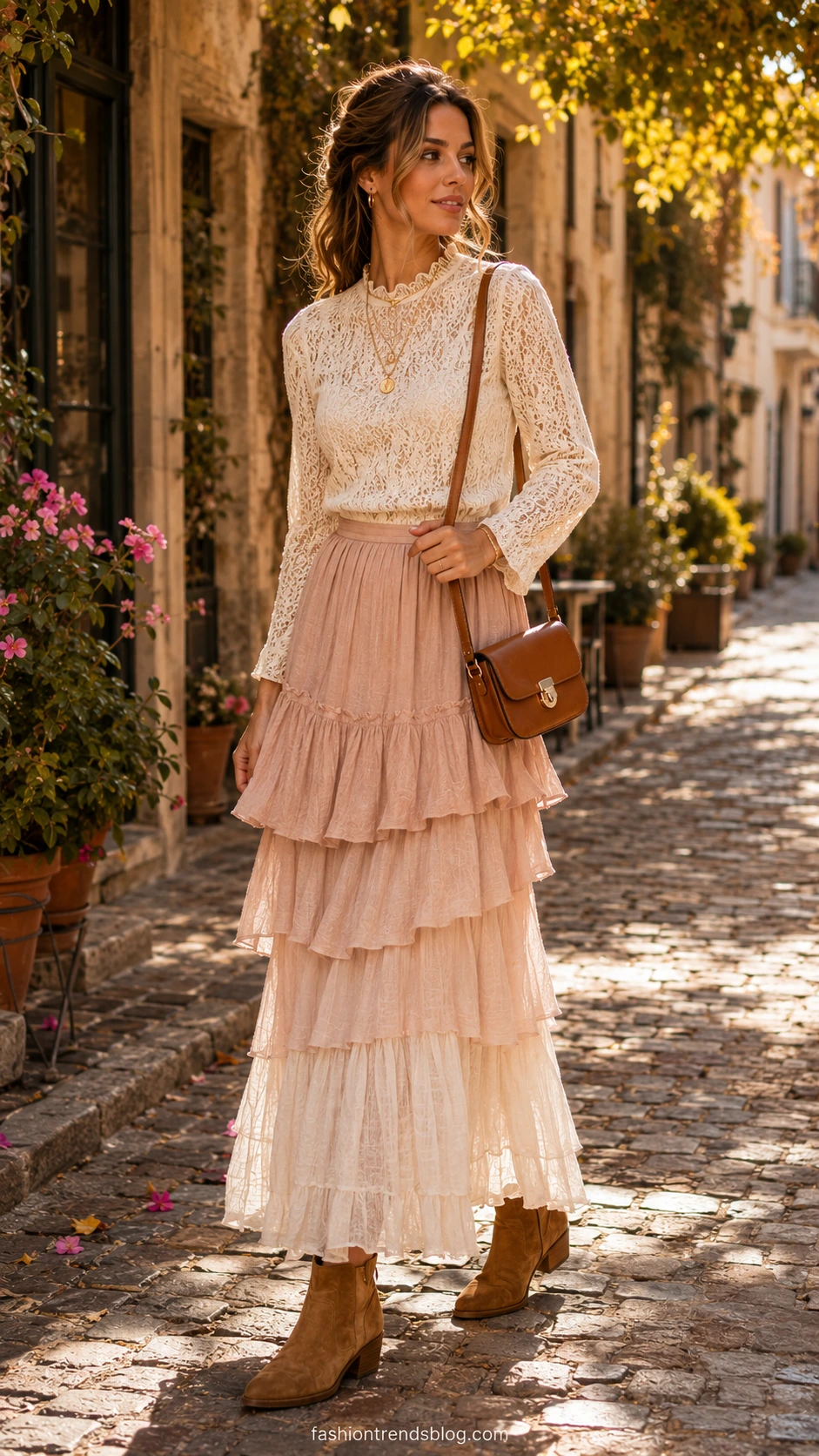 Woman in a dusty boho chic ruffle-tier maxi skirt and fitted lace blouse on a sun-dappled European cobblestone street