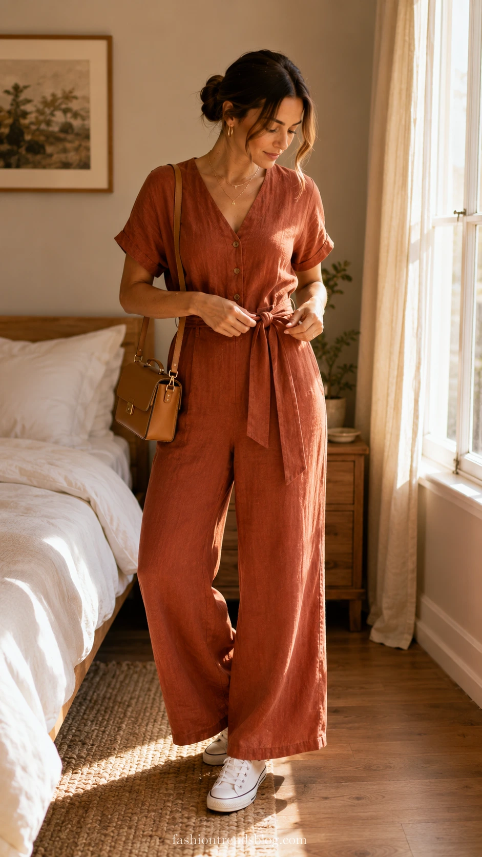 Teacher wearing rust linen wide-leg jumpsuit with self-tie belt and white sneakers, a polished yet comfortable classroom outfit