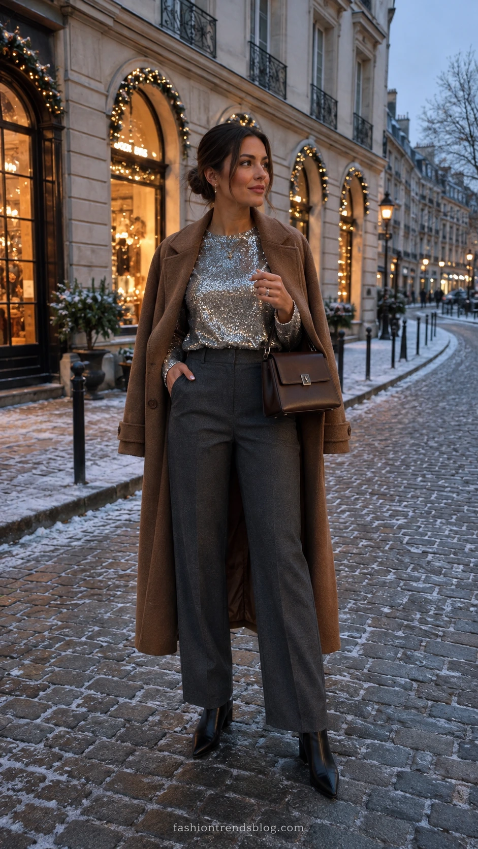 Woman in fitted silver sequin top and tailored trousers on a frost-covered cobblestone street, styled as a chic casual winter birthday outfit