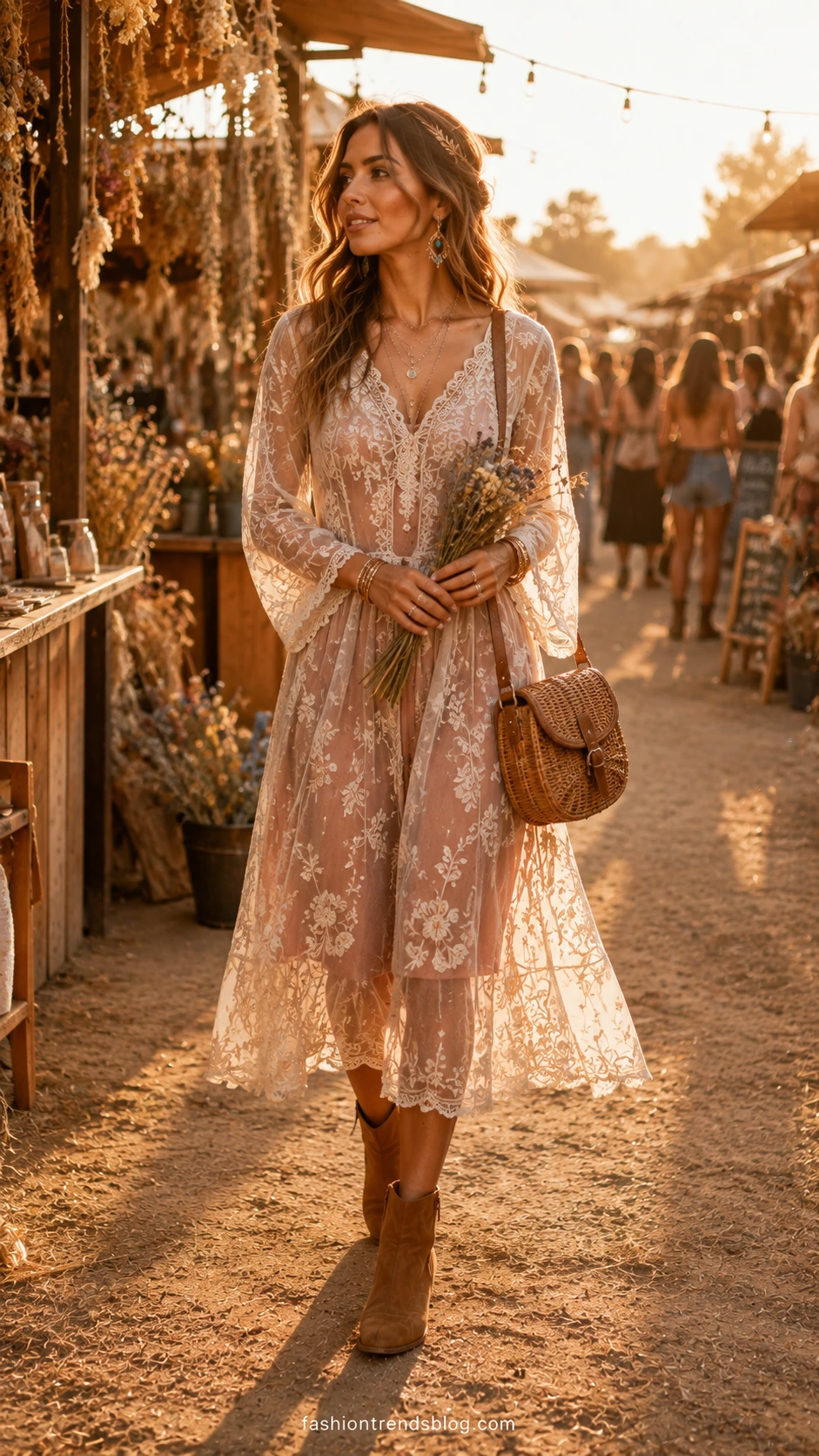 Woman in sheer embroidered overlay dress with ivory floral vine detailing over blush slip, perfect boho festival outfit with dreamy layered movement