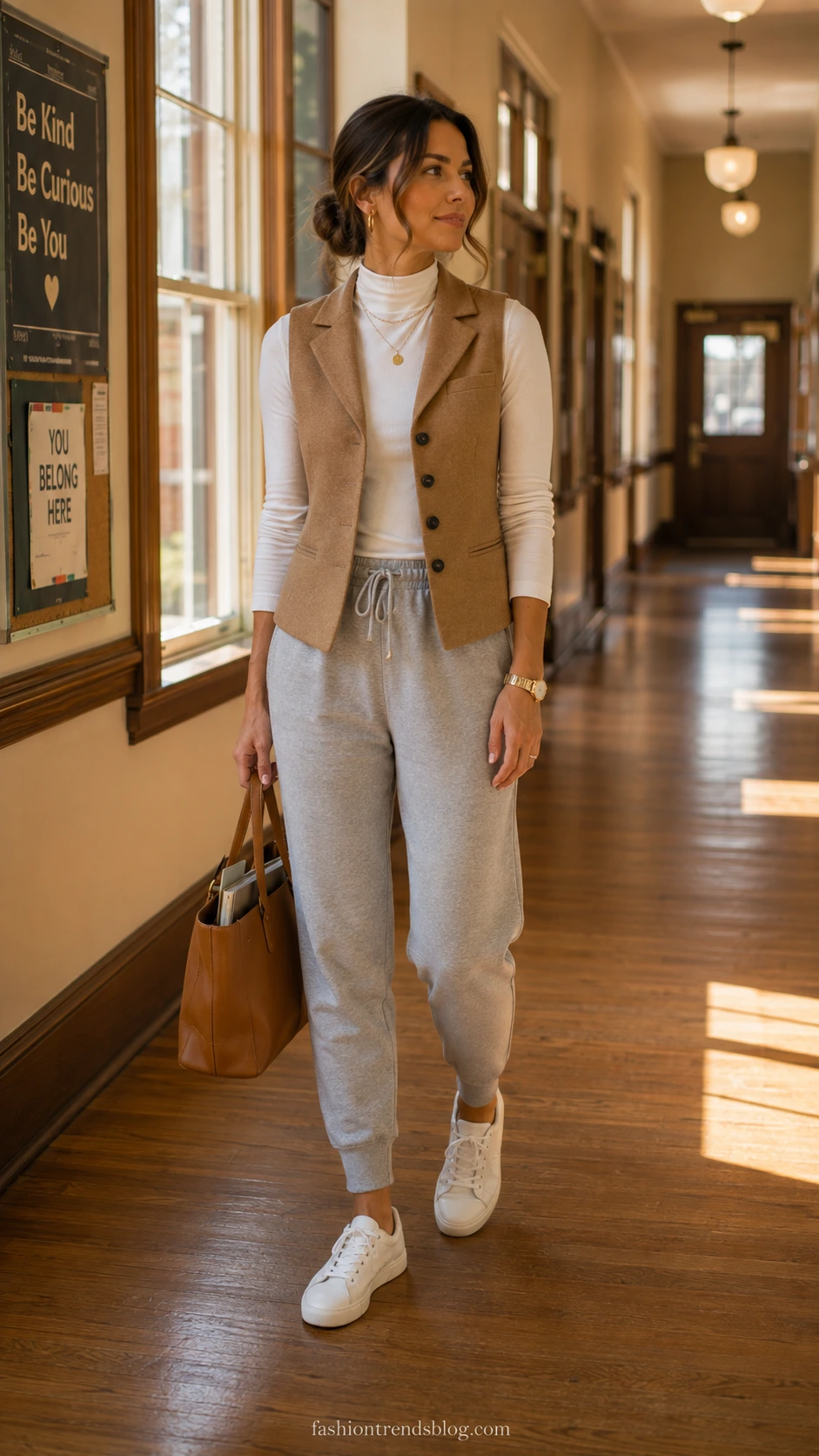 Woman in grey jogger-style pants and a structured vest stands in a sunlit hallway, showing Casual Friday teacher outfit ideas.