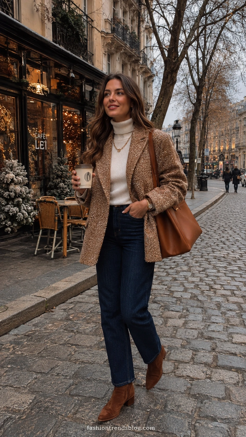 Woman in straight-leg jeans and oversized blazer walking a cobblestone winter street, holding a ceramic coffee cup — a casual winter birthday outfit done right