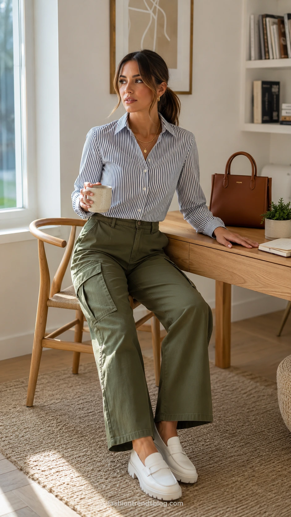 Woman in white and navy striped cropped button-down paired with dressy cargo pants, sitting at a light wood desk in a bright home office with coffee mug in hand