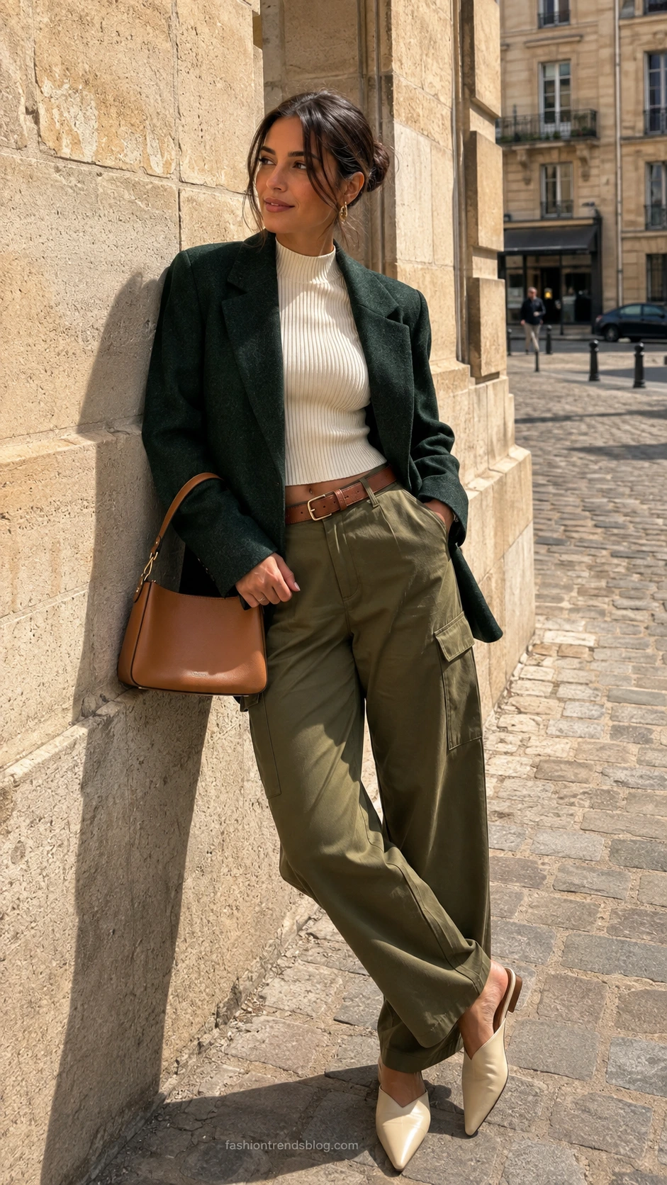 Woman in oversized structured blazer paired with dressy cargo pants and cropped base layer, leaning against sandstone wall on European cobblestone street