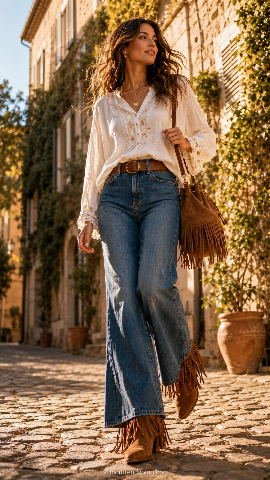 Caramel suede fringe boots with swaying fringe detailing paired with flared denim, captured mid-stride on a sunlit cobblestone street in golden afternoon light