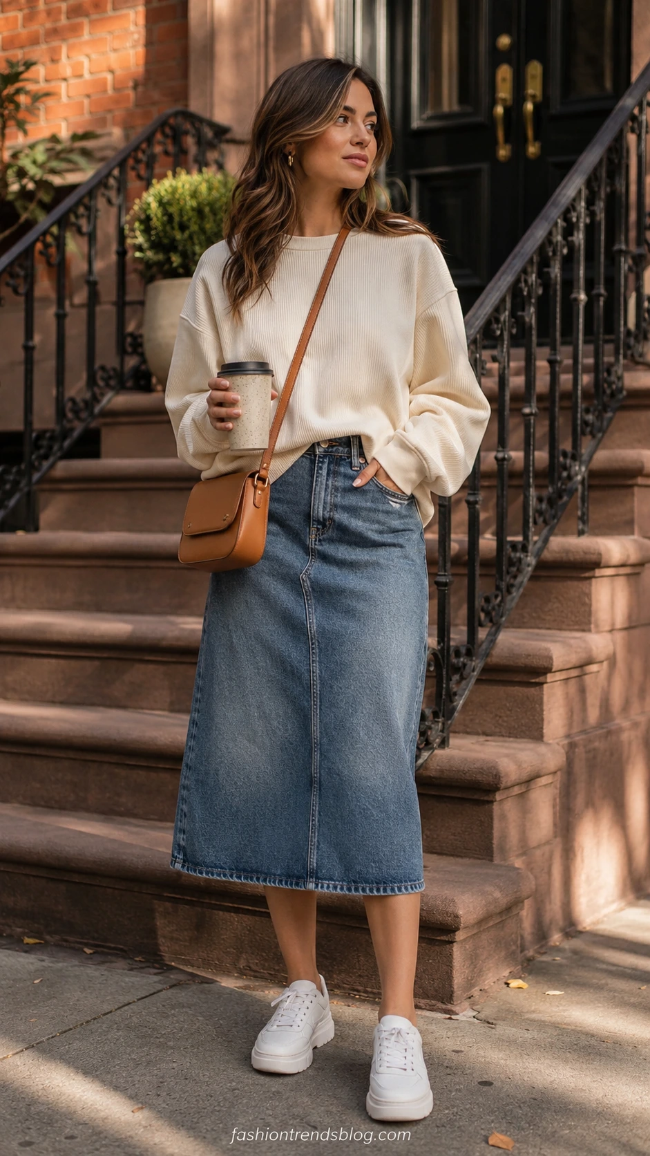Woman half-tucking a cream ribbed sweatshirt into a medium-wash denim midi skirt on a sunlit brownstone stoop, nailing casual weekend midi jeans skirt style