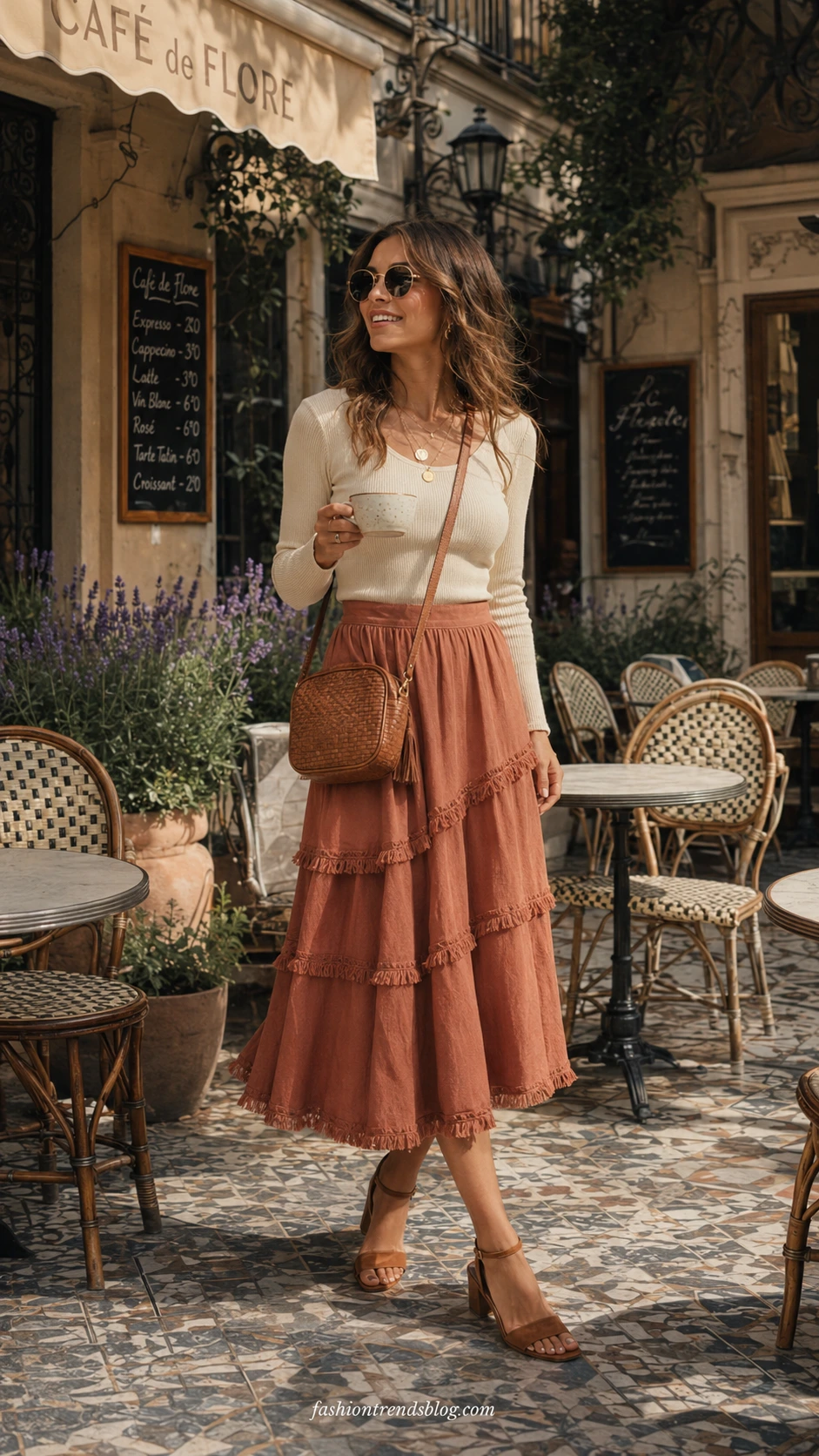 Woman in boho brunch outfit wearing a flowy tiered midi skirt and fitted top strolling a sun-drenched European café terrace with mosaic tile floors