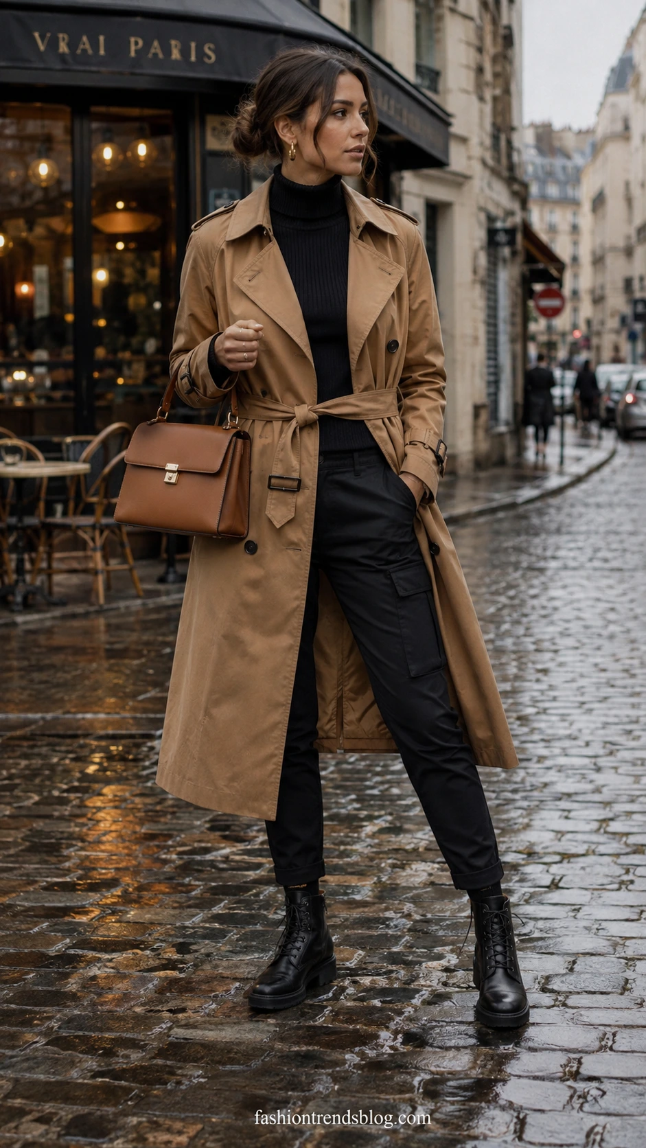 Woman in belted camel trench coat paired with black cargo pants on rain-slicked European cobblestone street, a polished take on the black cargo pants outfit