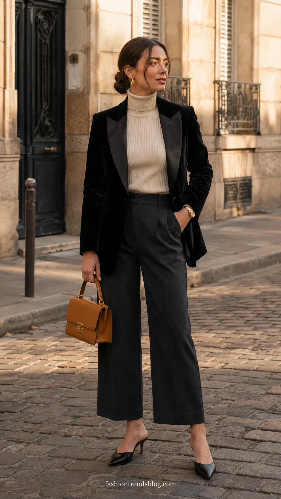 Woman wearing black velvet tuxedo blazer with satin lapels over ivory ribbed turtleneck and charcoal ankle trousers on cobblestone street — a polished casual winter birthday outfit