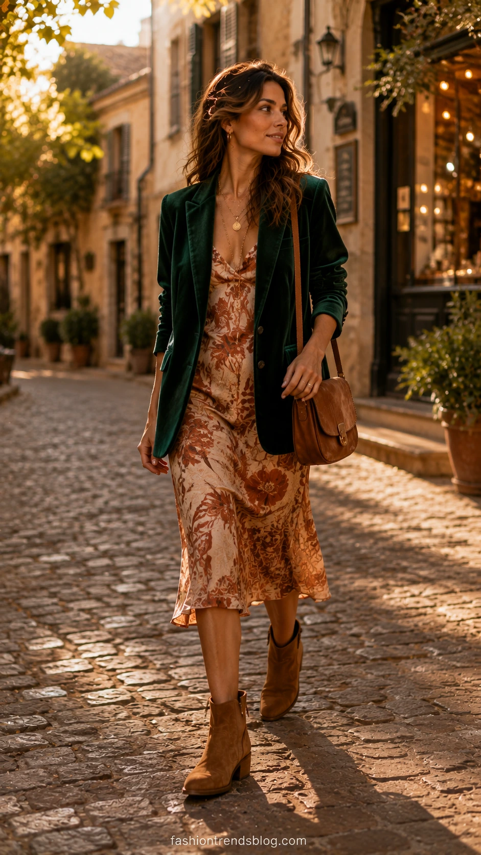Woman in emerald velvet blazer layered over a printed satin slip dress and ankle boots, styled as a boho chic outfit on a cobblestone street at golden hour