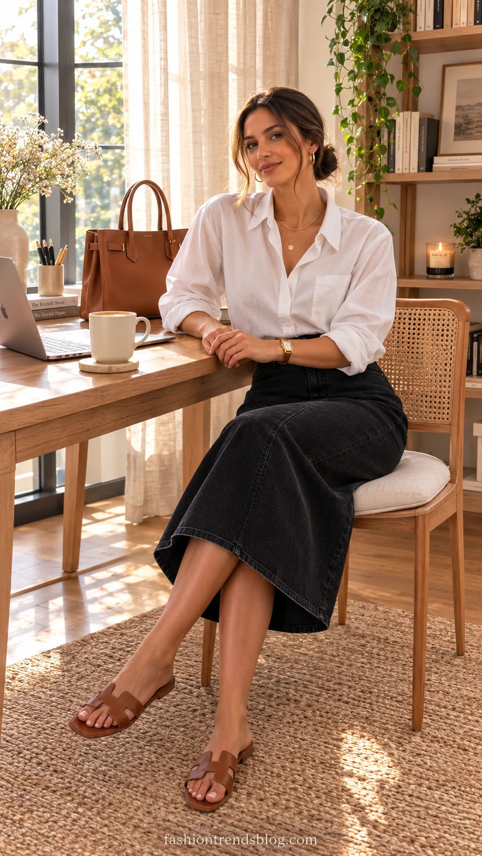 Woman in crisp white button-down shirt tucked into a fitted black denim midi skirt, seated at a light wood desk in a sunlit home office