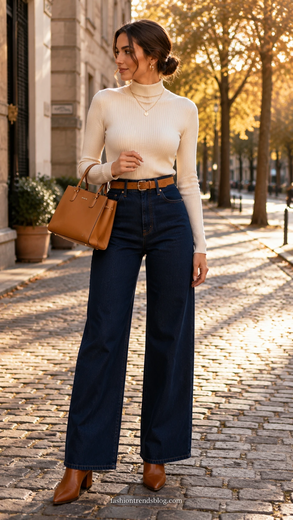 Teacher wearing wide-leg dark navy jeans with a tucked-in ivory ribbed turtleneck, creating a polished elongated silhouette perfect for the classroom