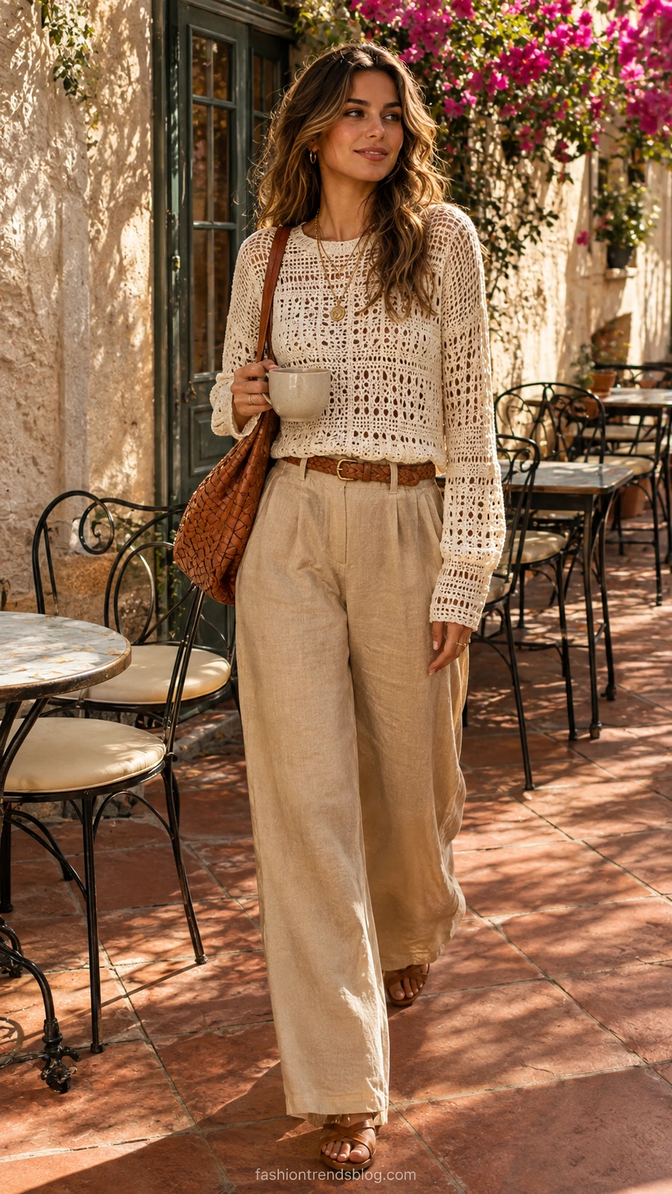 Woman in wide-leg linen trousers and cropped crochet top mid-stride on a sun-lit European café terrace with bougainvillea and terracotta tiles