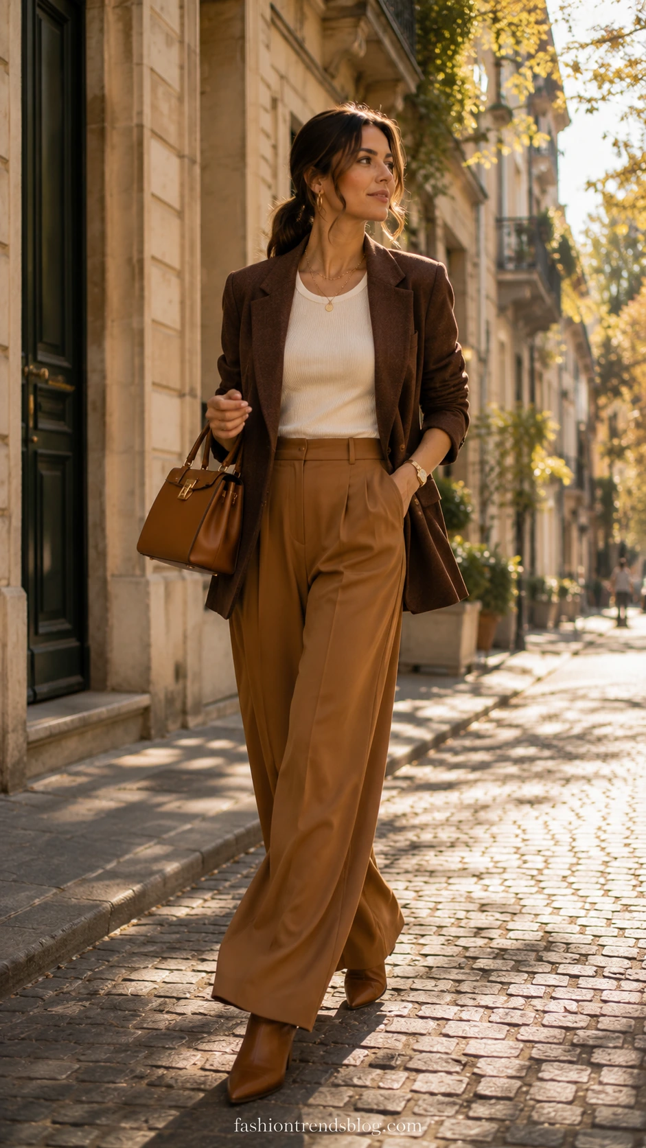 Teacher in wide-leg trousers, fitted tank, and blazer walking cobblestone street — a polished Casual Friday outfit that works from classroom to after-school errands