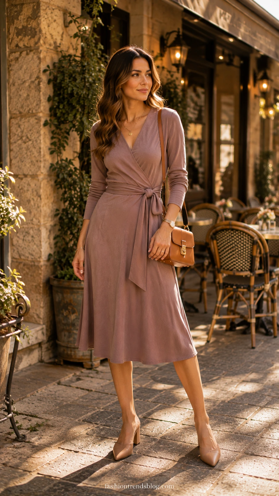 Teacher wearing a dusty mauve jersey midi wrap dress outdoors, showcasing a polished casual Friday teacher outfit with effortless style