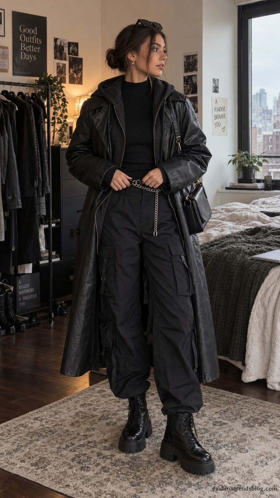 Woman in a city bedroom wearing all-black cybergrunge layers, a trench, cargo pants, and platforms for Y2K winter outfit ideas