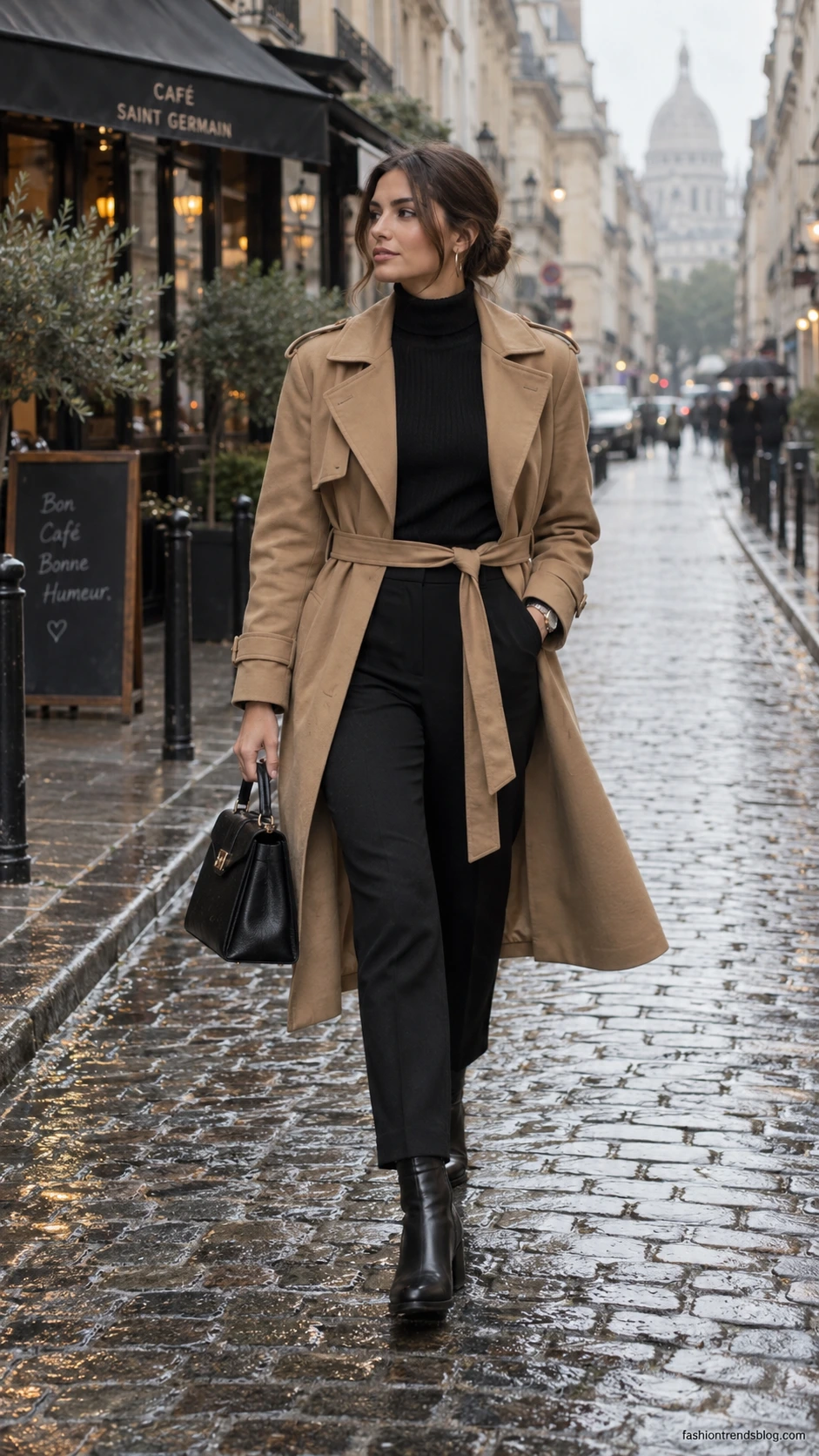 Woman in camel belted trench coat over all-black turtleneck and slim wool trousers walking rain-slicked cobblestone street in soft morning light